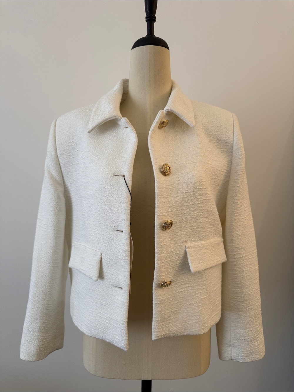 Classic Cream Bouclé Blazer Jacket with Gold Buttons